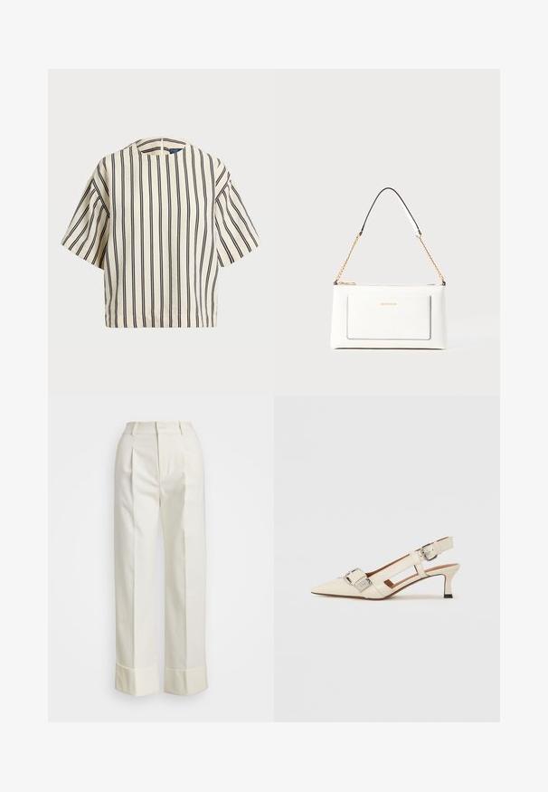 T-shirt à manches courtes, rayé crème et marine, présentant un col rond et un design boxy avec un tissu texturé.; Pantalons blancs ajustés au taille haute, avec de doubles plis devant et des jambes larges à ourlets repliés. Fabriqués en un tissu lisse et texturé.; Escarpin en cuir blanc à bout pointu, petit talon et bride réglable avec un détail de boucle en argent bien en vue.; Sac à main en cuir blanc avec un fini texturé, doté d'une bandoulière en chaîne dorée et d'accents noirs. Comprend une poche avant et une fermeture éclair.