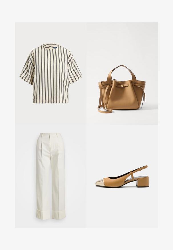 Kortærmet, stribet top i creme og marineblå, med rund halsudskæring og boxy design i et tekstureret stof.; Hvide skræddersyede bukser med høj talje, dobbelte frontfolder og vide ben med opfoldede manchetter. Fremstillet af en glat, struktureret stof.; Tan læder slingback pumpe med en metallisk guldkappe, der har en blokhæl og en slank justerbar rem. Glat tekstur med minimal detaljer.; Tory Burch ROMY PEBBLED SATCHEL - Håndtasker - tiramisu