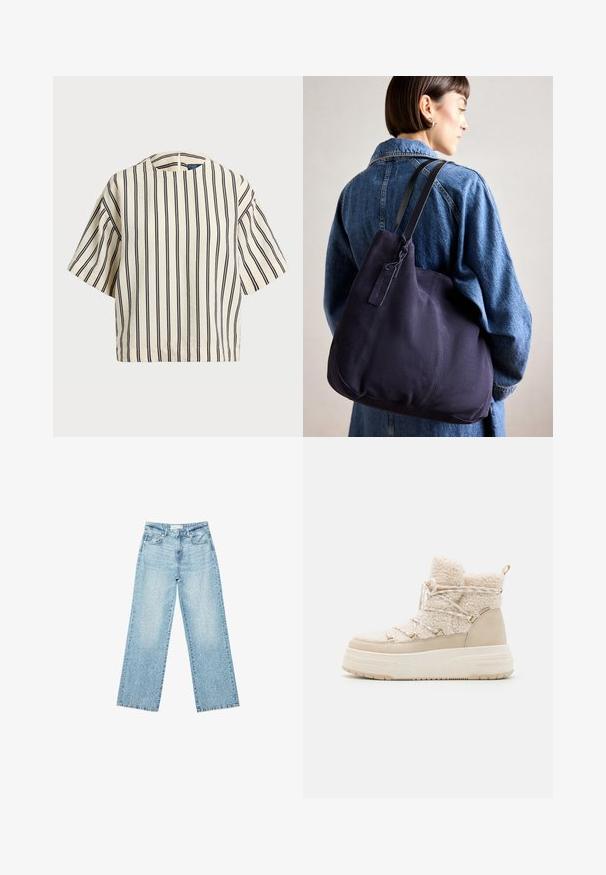 Krátky rukáv, pruhovaný top v krémovej a námorníckej modrej farbe, s okrúhlym výstrihom a štvorcovým strihom z texturovanej tkaniny.; Svetlomodré džíny s širokými nohavicami a vysokým pásom, so zosvetlenou úpravou a malými, rozptýlenými poškodenými detailmi po celom obvode.; Béžové zimné topánky s plush textúrou, šnurovacím dizajnom, zlatým kovovým vybavením a hrubou podrážkou pre zvýšenú výšku a izoláciu.; Námorná plátenná taška na rameno s mäkkým, štruktúrovaným tvarom, vybavená čiernym popruhom, prešívaním a malou značkovou visačkou.