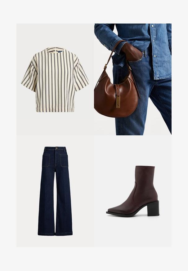 Short-sleeve, striped top in cream and navy, featuring a round neckline and boxy design with a textured fabric.; Wide-leg dark blue denim jeans with a high waist, five-pocket design, and contrasting stitching. Features a button closure and a structured shape.; Zign LEATHER - Classic ankle boots - bordeaux; Brown leather hobo bag with a rounded shape, featuring a gold hardware accent and contrast stitching. Paired with a denim shirt and jeans.