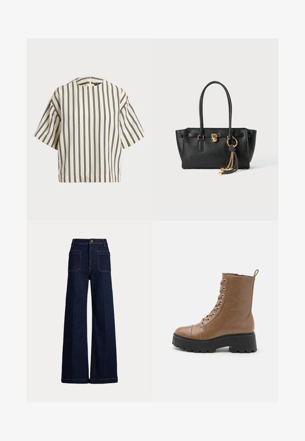 T-shirt à manches courtes, rayé crème et marine, présentant un col rond et un design boxy avec un tissu texturé.; Jean en denim bleu foncé à jambes larges, taille haute, conception à cinq poches et coutures contrastantes. Doté d'une fermeture à bouton et d'une forme structurée.; Bottines en faux cuir marron avec une semelle noire épaisse, bout rond, laçage à l'avant et une languette au dos. Détail de surface texturée.; Sac à main en cuir noir avec double anses, serrure dorée et détails en chaîne, et accessoire à pompon noir et blanc sur fond blanc.
