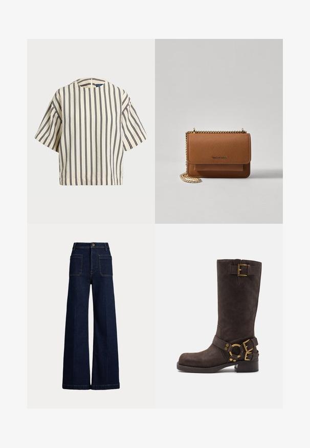 Kortärmad randig topp i krämfärgad och marinblå, med rund halsringning och fyrkantig design i en texturerad tyg.; Bredbenta mörkblå jeans i denim med hög midja, femficksdesign och kontrasterande sömmar. Har en knappstängning och en strukturerad form.; Bruna mockaläders knähöga stövlar med rund tå, gyllene detaljer, två spännband och en låg, kraftig klack.; Brun texturerad läder crossbody-väska med guldkedja och klaffstängning. Framsidan har logotypdetalj och en ficka under klaffen.