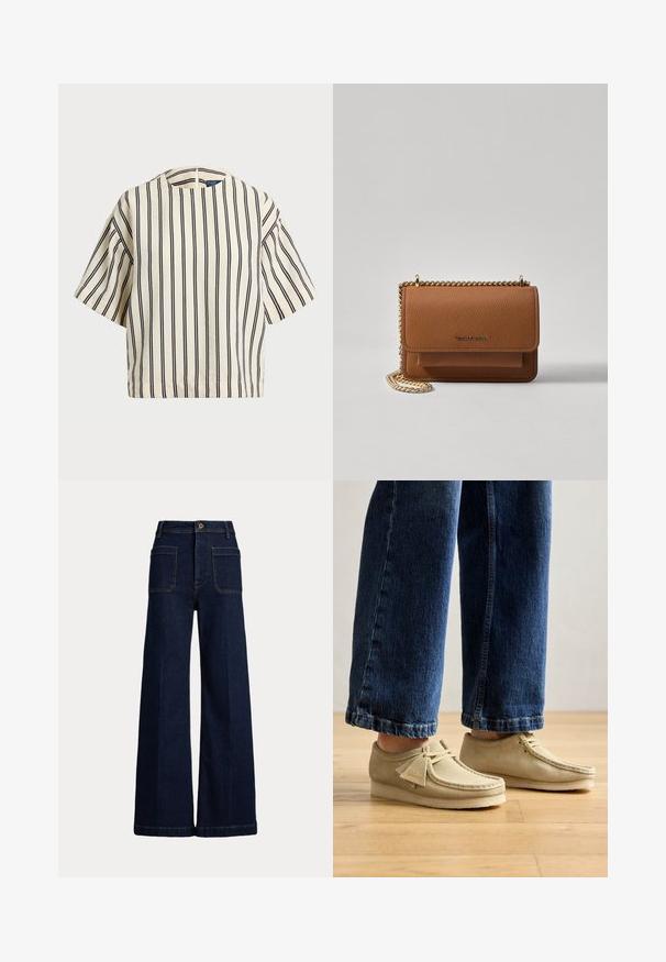Lyhythihainen, raidallinen paita kirkas- ja tummansinisen sävyissä, jossa on pyöreä pääntie ja laatikkomainen muotoilu tekstuuritetussa kankaassa.; Korkeavyötäröiset, tummansiniset leveälahkeiset farkut, joissa on viisi taskua ja erottuva tikkaus. Sisältää nappisuljin ja jämäkän muodon.; Beige mokkasiinit, joissa on pyöristetyt varpaat ja matala profiili. Ominaisuuksiin kuuluu nauhakiinnitys ja ommellut korostukset. Yhdistettynä lyhyisiin sinisiin farkkuihin.; Ruskean teksturoidun nahkasta valmistettu crossbody-laukku, jossa on kultaketjuhihna ja läppäkiinnitys. Edessä on logodetail ja tasku läppäisen alla.