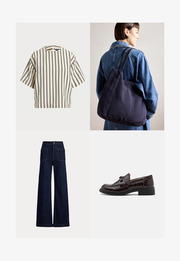 Kreminės ir tamsiai mėlynos juostelės trumpų rankovių marškinėliai, turi apvalų iškirpimą ir dėžutės tipo dizainą, pagaminti iš tekstūruotos medžiagos.; Plati kojų tamsiai mėlynos džinsinės kelnės su aukštu liemeniu, penkių kišenių dizainu ir kontrastingomis siūlėmis. Yra mygtuko uždarymas ir struktūrizuota forma.; Rudos odinės loafers su lygiu paviršiumi, turinčiu dekoratyvinę juostelę ir sagtį, žemu juodu kulnu ir apvalia toe dizainu.; Tamsiai mėlynas drobės petinis krepšys su minkšta, struktūruota forma, pasižymintis juodu diržu, siuvinėtomis detalėmis ir mažyčiu prekės ženklo žymekliu.