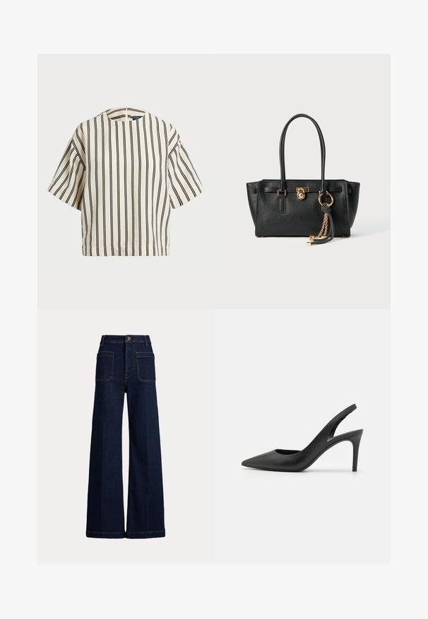 Short-sleeve, striped top in cream and navy, featuring a round neckline and boxy design with a textured fabric.; Wide-leg dark blue denim jeans with a high waist, five-pocket design, and contrasting stitching. Features a button closure and a structured shape.; Black leather slingback high heels with a pointed toe design, featuring a cutout at the front and a thin stiletto heel.; Black leather handbag with double handles, gold lock and chain detail, and black-and-white tassel accessory against white background.