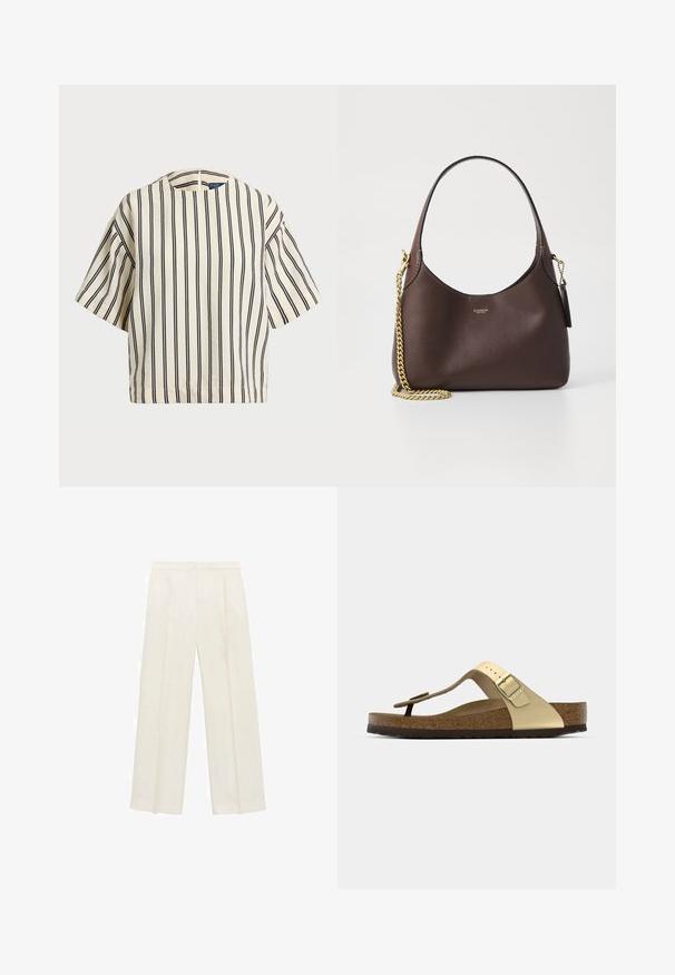 Cămașă cu mâneci scurte, cu dungi în nuanțe de crem și bleumarin, având un decolteu rotund și un design dreptunghiular dintr-un material texturat.; Pantaloni cu picioare largi, de culoare crem deschis. Realizați dintr-un material neted, cu plisuri în față și buzunare laterale.; Sandale cu talpă din plută de culoare aurie deschisă, cu un design tip thong și cataramă ajustabilă. Prezintă o talpă texturată pentru aderență. Schema de culori neutră.; COACH BROOKLYN SHOULDER BAG 23 - Geantă de mână - maple
