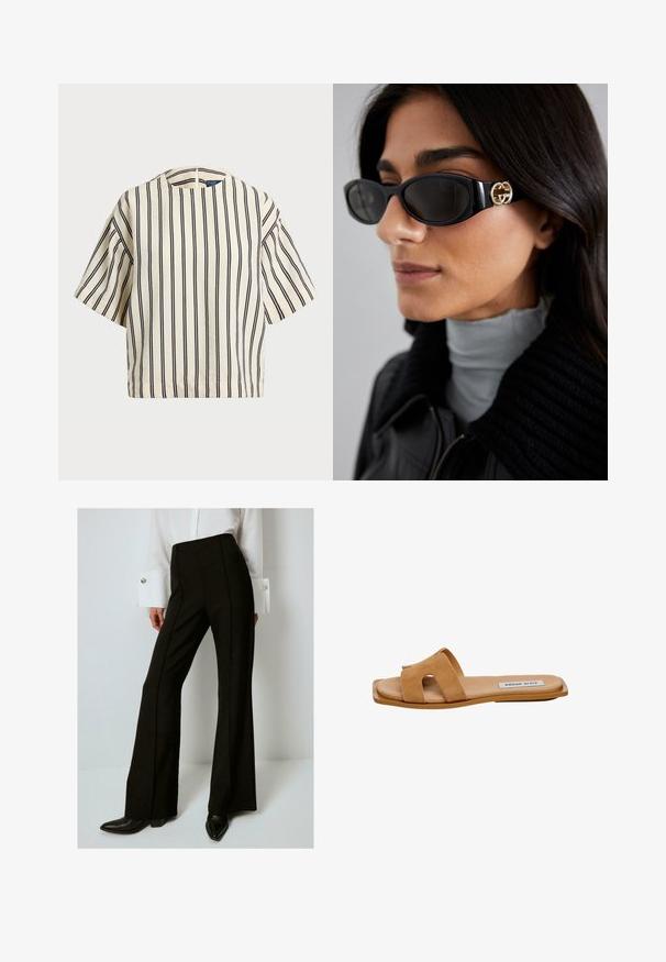 Krátký rukáv, pruhované tričko ve krémové a námořnické barvě, s kulatým výstřihem a širokým střihem z texturovaného materiálu.; Černé kalhoty s vysokým pasem a rozšířenými nohavicemi, s vertikálním švem, vyrobené z texturované tkaniny, v kombinaci s bílou košilí s dlouhým rukávem.; Tan semišová skluzná sandála s dvěma širokými pásky s výřezovými detaily, plochou podrážkou a diskrétním logem na stélce.; Černé sluneční brýle s elegantním obdélníkovým rámem a zlatým logem na boční straně. Tmavé čočky a lesklý povrch jsou výrazné.; Hnědá semišová taška přes rameno zaobleného tvaru, se dvěma uchy a kovovým hardwarem. Na přední straně je malá logo.