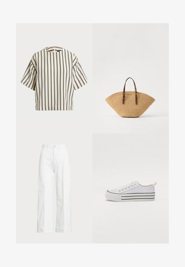 Rövid ujjú, csíkos felső krém és tengerészkék színben, kerek nyakkivágással és dobozos fazonnal, texturált anyagból.; Fehér, bő szárú nadrág magas derekú szabással, gombos záródással és diszkrét varrási részletekkel. Pamutból készült, sima tapintással.; Fehér vászon sneaker lekerekített orral, fekete talppal és vízszintes fekete csíkozással. Fűzővel és egy hurokkal a saroknál a könnyű felvétel érdekében.; Szalmaszatyor, amely fan alakú, barna bőr fogantyúkkal és textúrált szövettel. Természetes barna színben, sima felülettel és minimális díszítéssel.