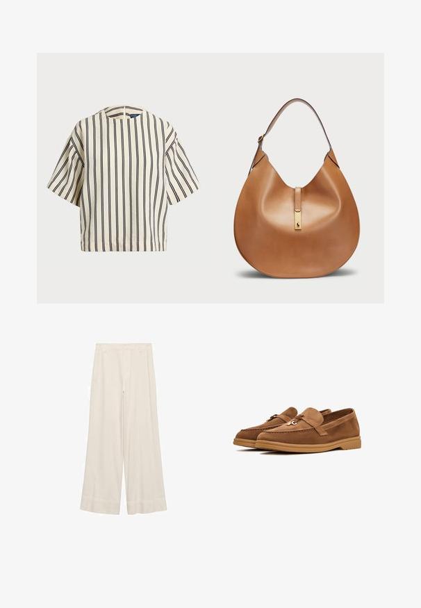 Kratki rukavi, prugasti top u krem i tamnoplavoj boji, sa okruglim izrezom i kutijastim dizajnom od teksturirane tkanine.; Široke hlače od kremastog materijala, s glatkom teksturom, krojenim pojasom i čistim šavovima. Ravna prednja strana s dvostruko šivanim rubovima.; Smeđe velur mokasine s ravnim potplatom, koje imaju dekorativnu mašnu i suptilne šavove. Dizajn s zaobljenim prstima.; Torbica od svjetlosmeđeg kože s zakrivljenim oblikom i širokim remenom za rame. Ima zlatni metalni detalj u središtu i glatku teksturu.