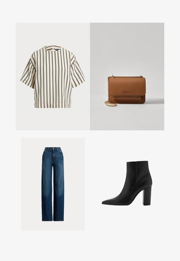 Krátky rukáv, pruhovaný top v krémovej a námorníckej modrej farbe, s okrúhlym výstrihom a štvorcovým strihom z texturovanej tkaniny.; Rozšírené deninové nohavice v tmavomodrej farbe. Majú vysoký pás, zapínanie na gombík a klasický dizajn s piatimi vreckami. Hladká textúra s jemným vyblednutím.; Mango Členkové čižmy na vysokom opätku - black; Hnedá textúrovaná kožená taška cez telo s zlatým reťazovým popruhom a preklopným uzáverom. Predná strana obsahuje detail s logom a vrecko pod preklopkou.