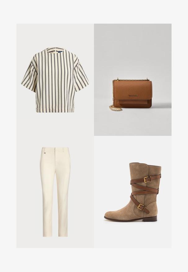 Top de manga curta, riscado em creme e azul marinho, com decote redondo e design boxy em tecido texturizado.; Calças sob medida de cor creme com um corte reto, apresentando uma textura suave, bolsos frontais e um acento metálico subtil na cintura.; Botins de camurça em taupe com tiras de couro castanho-escuro e fivelas douradas. Sola plana, bico arredondado e textura suave. Detalhe de design lateral incluído.; Bolsa crossbody de couro texturizado castanho com alça de corrente dourada e fecho com aba. A parte da frente apresenta detalhe do logótipo e um bolso sob a aba.