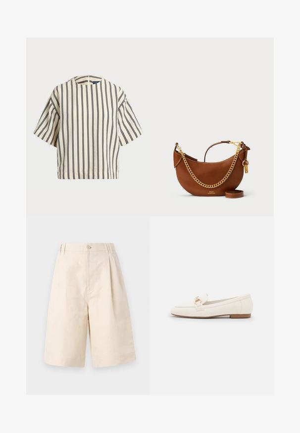 Top de manga corta a rayas en crema y azul marino, con cuello redondo y un diseño cuadrado, confeccionado en una tela texturizada.; Pantalones cortos de lino beige con un ajuste relajado, que presentan un cierre de botón, diseño plisado y corte hasta la rodilla. Textura suave y estilo simple.; Mocasines de cuero blanco con suela plana, que presentan un detalle de hebilla en tono dorado y un acabado suave. Diseño clásico con líneas sencillas.; Bolso de mano de piel marrón con un diseño curvado, correa de cadena dorada, bolsillo interior y una correa de hombro desmontable. Presenta costuras en contraste.