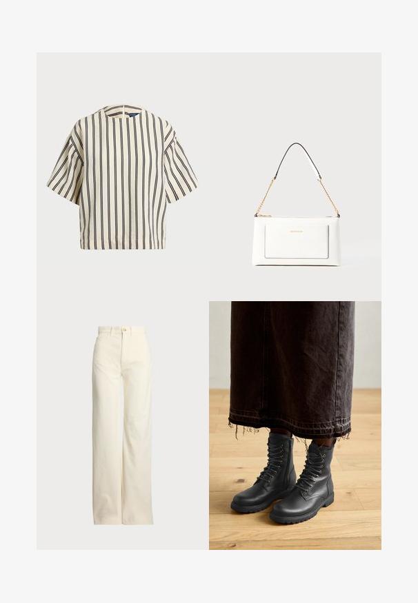Top de manga curta, riscado em creme e azul marinho, com decote redondo e design boxy em tecido texturizado.; Polo Ralph Lauren COTTON CORDUROY WIDE-LEG PANT - Calças - warm white; Botas pretas de couro com atacadores, superfície texturizada, altura até à metade da panturrilha, bico arredondado e sola robusta, combinadas com uma saia de ganga escura e desfiada.; Bolsa de mão branca em couro com acabamento texturizado, featuring a corrente dourada e detalhes pretos. Inclui um bolso frontal e fecho com zipper.