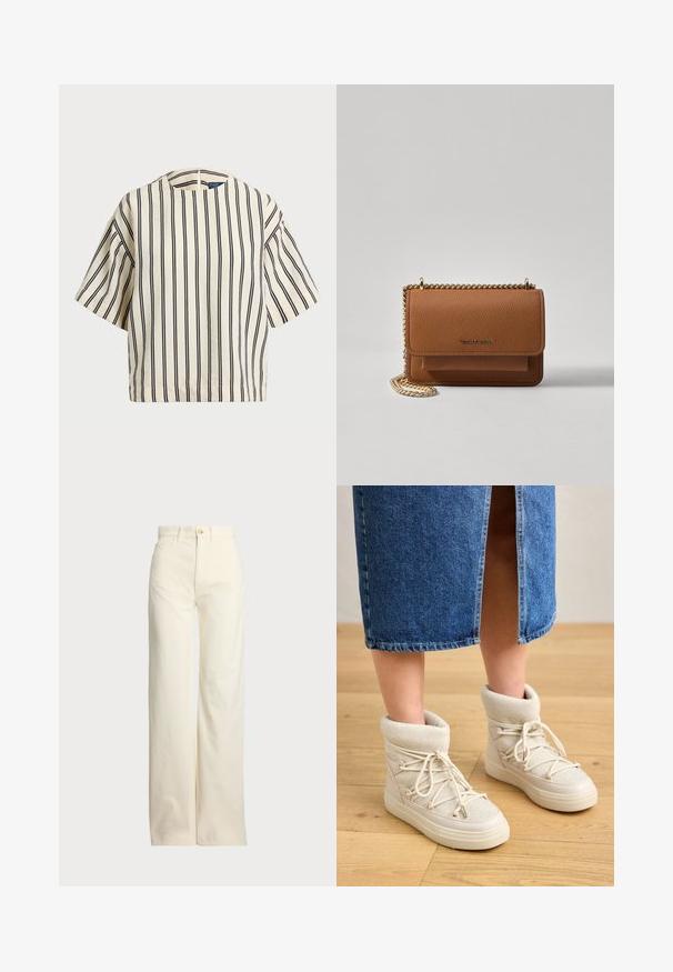 Kreminės ir tamsiai mėlynos juostelės trumpų rankovių marškinėliai, turi apvalų iškirpimą ir dėžutės tipo dizainą, pagaminti iš tekstūruotos medžiagos.; Polo Ralph Lauren COTTON CORDUROY WIDE-LEG PANT - Kelnės - warm white; Bežiniai aulinukai su minkštu, mezginiu apvadu ir baltomis raištelėmis. Padas storas ir tekstūruotas, derinamas su mėlynomis džinsinėmis sijonais.; Ruda tekstūruota odinė per petį nešama rankinė su auksiniu grandininiu dirželiu ir užlenkiamo užsegimo. Priekinėje pusėje yra logotipo detalė ir kišenė po užlenkimu.