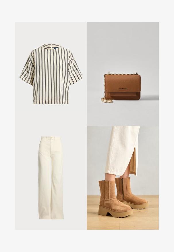 Cămașă cu mâneci scurte, cu dungi în nuanțe de crem și bleumarin, având un decolteu rotund și un design dreptunghiular dintr-un material texturat.; Polo Ralph Lauren COTTON CORDUROY WIDE-LEG PANT - Pantaloni - warm white; Botine din ante maro, cu o talpă groasă, fermoar lateral și detalii de cusătură verticală, purtate cu o fustă de culoare crem.; Geantă crossbody din piele texturată maro, cu curea din lanț aurit și închidere cu clapetă. Partea din față prezintă detalii cu logo și o buzunar sub clapetă.