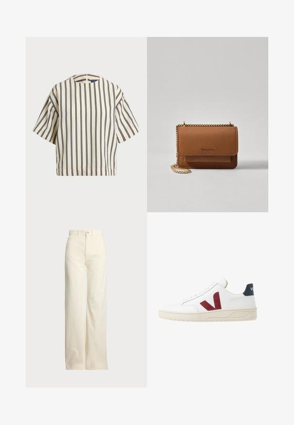 Kratki rukavi, prugasti top u krem i tamnoplavoj boji, sa okruglim izrezom i kutijastim dizajnom od teksturirane tkanine.; Polo Ralph Lauren COTTON CORDUROY WIDE-LEG PANT - Hlače - warm white; Bijele kožne tenisice s burgundim 'V' logotipom, teksturiranim gumenim potplatom i mornarsko plavim naglaskom na peti; sadrže klasični dizajn s vezicama.; Smeđa kožna torba preko tijela s teksturom, zlatnim lančićem i preklopom na zatvaranju. Na prednjoj strani nalazi se detalj s potpisom i džep ispod preklopa.