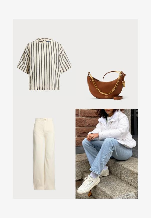 Top de manga curta, riscado em creme e azul marinho, com decote redondo e design boxy em tecido texturizado.; Polo Ralph Lauren COTTON CORDUROY WIDE-LEG PANT - Calças - warm white; Casaco puff branco com gola alta, calças de ganga azul claro e ténis brancos da Reebok. Degraus de pedra texturizados ao fundo.; Bolsa de mão de couro castanho com um design curvado, alça de corrente dourada, bolso interior e uma alça de ombro destacável. Apresenta costura em contraste.