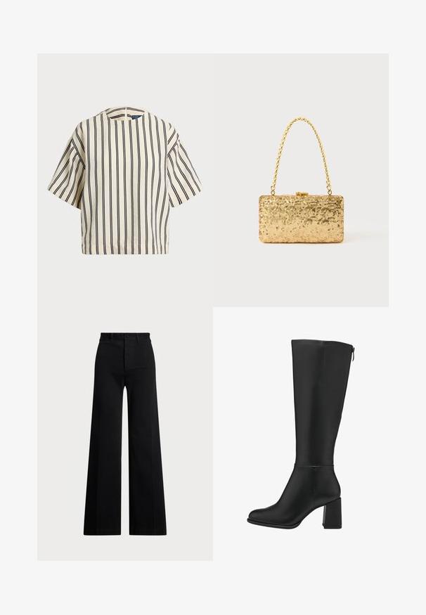 Krátky rukáv, pruhovaný top v krémovej a námorníckej modrej farbe, s okrúhlym výstrihom a štvorcovým strihom z texturovanej tkaniny.; Čierne široké nohavice vyrobené z tkaniny, so vysokým pásom, predným zapínaním na gombík a bočnými vreckami. Hladká textura s čistými líniami.; Čierne čižmy po kolená vyrobené z hladkého syntetického materiálu, s blokovým podpätkom, okrúhlou špičkou a bočným zipsom.; Zlatá flitrová listová taška s obdĺžnikovým tvarom, vybavená skrúteným reťazovým držadlom a kovovým uzatváraním, odrážajúca svetlo s textúrovaným povrchom.