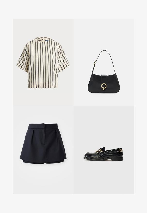 Kratek rokav, prugast top v kremni in mornarsko modri barvi, z okroglim izrezom in kvadratnim dizajnom ter teksturirano tkanino.; Mornarske plisirane kratke hlače z visoko pasom, izdelane iz gladkega materiala. Imajo prilegajoč dizajn in skrito sprednjo žep.; Črne usnjene loferice z debelim sijajem, opremljene z dvema zlatima zaponkama in nizko peto. Gladka tekstura z zaobljeno obliko prstov.; Črna usnjena torbica s ukrivljeno silhueto, kratkim ročajem, centralno zlatim okrasom in gladko teksturo. Brez vidnih vzorcev ali dodatkov.