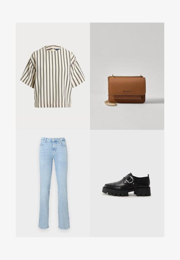 Rövid ujjú, csíkos felső krém és tengerészkék színben, kerek nyakkivágással és dobozos fazonnal, texturált anyagból.; Világoskék, magas derekú, egyenes szárú farmernadrág, elülső gombos és cipzáras záródással, öt zsebbel és enyhe kopott részletezéssel.; Fekete bőr cipők tömzsi, bordázott talppal, kerek ezüst hardware díszítéssel és minimális varrási részletekkel.; Barna textúrájú bőr keresztbody táska arany lánc pánttal és fedélzárral. Az elején logó részlet és egy zseb található a fedél alatt.