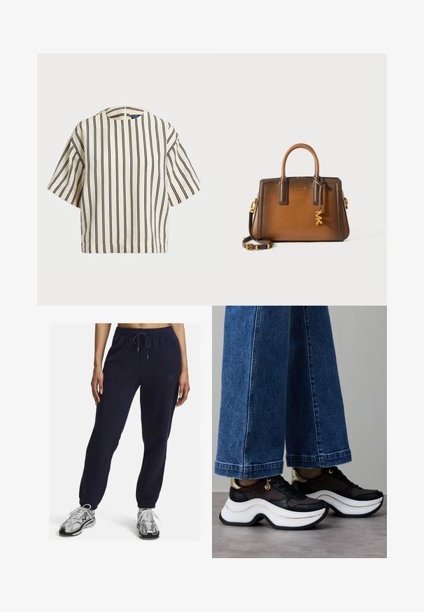 Krátký rukáv, pruhované tričko ve krémové a námořnické barvě, s kulatým výstřihem a širokým střihem z texturovaného materiálu.; Námořnické modré flísové tepláky s elastickým pasem, šňůrkou a elastickými manžetami na kotnících. Obsahují jemně vyšívané logo na straně.; Černo-zlaté tenisky s prohnutou bílou podrážkou. Texturovaná tkanina s logovými akcenty. Kombinované s širokými modrými džínovými kalhotami.; Hnědá kožená kabelka s dvojitými uchy, odnímatelným ramenním popruhem, zlatými kovovými doplňky a dekoračním přívěskem se slabikou "MK."