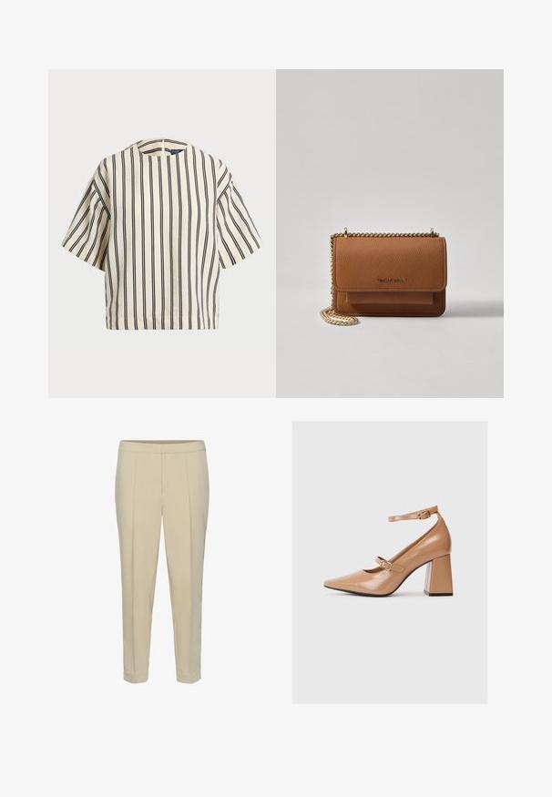 Cămașă cu mâneci scurte, cu dungi în nuanțe de crem și bleumarin, având un decolteu rotund și un design dreptunghiular dintr-un material texturat.; Pantaloni bej, croiți pe corp, cu picior drept, pliuri frontale și tiv îndoit. Textură netedă, fără accesorii vizibile sau modele.; Pantofi cu toc înalt din piele patent bej, cu vârf ascuțit, curea la gleznă și toc pătrat gros. Textură netedă cu finisaj lucios.; Geantă crossbody din piele texturată maro, cu curea din lanț aurit și închidere cu clapetă. Partea din față prezintă detalii cu logo și o buzunar sub clapetă.