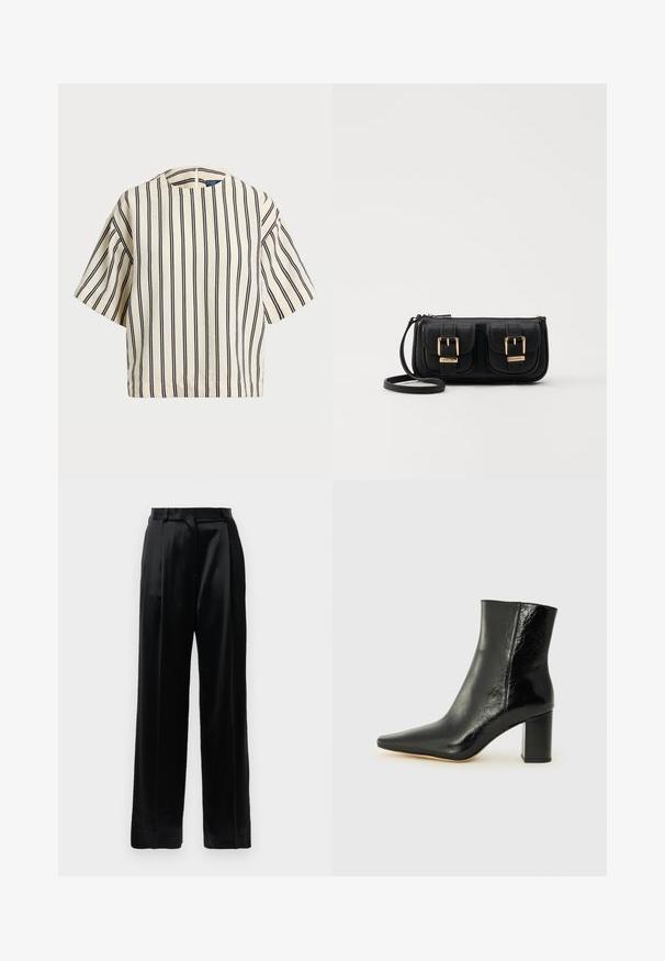 Short-sleeve, striped top in cream and navy, featuring a round neckline and boxy design with a textured fabric.; Black high-waist satin trousers with straight wide legs, belt loops, and a flat front closure against a plain white background.; Black ankle boot made of glossy leather with a pointed toe and a chunky, square heel. Features a smooth texture and minimalistic design.; Black leather crossbody bag with two front pockets, gold buckles, zipper closure, and a slim strap. Textured surface and compact rectangular shape.