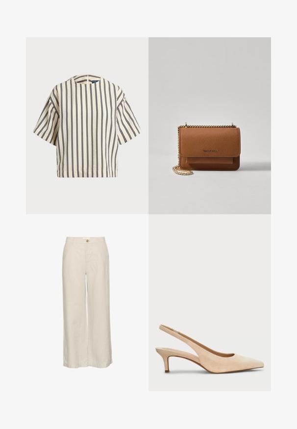 Krótki rękaw, paskowana bluzka w kolorze kremowym i granatowym, z okrągłym dekoltem i pudełkowym krojem, wykonana z fakturowanej tkaniny.; Jasno beżowe szerokie spodnie lniane z zapięciem na guzik, charakteryzujące się gładką fakturą i minimalnymi detalami ściegów na końcu.; Lauren Ralph Lauren LOLAH II piaskowy; Brązowa skórzana torba na ramię z teksturą, z złotym łańcuszkiem i zapięciem na klapkę. Z przodu znajduje się detal z logo oraz kieszeń pod klapką.