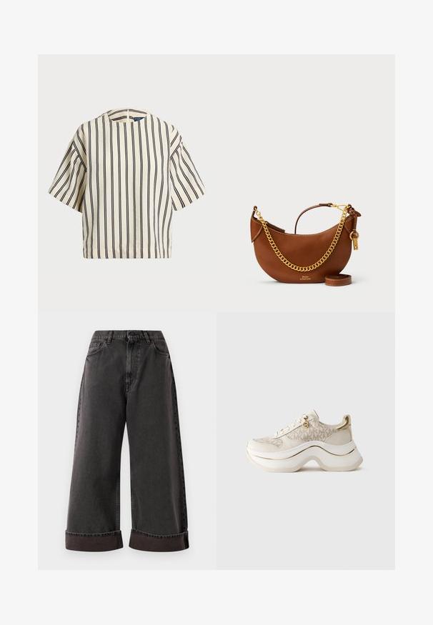 Top de manga corta a rayas en crema y azul marino, con cuello redondo y un diseño cuadrado, confeccionado en una tela texturizada.; Jean de corte ancho negro con puños enrollados, botón frontal y cierre de cremallera, y bolsillos laterales y frontales.; Zapatilla plataforma beige y dorada con patrón de "MK", cordones en el frente, charm dorado y suela gruesa ondulada sobre fondo liso.; Bolso de mano de piel marrón con un diseño curvado, correa de cadena dorada, bolsillo interior y una correa de hombro desmontable. Presenta costuras en contraste.