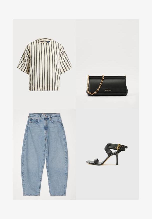Top de manga corta a rayas en crema y azul marino, con cuello redondo y un diseño cuadrado, confeccionado en una tela texturizada.; Agolde BALLOON IN CONFLICT - Vaqueros boyfriend - pale indigo; Sandalia negra de tacón con correas cruzadas y hebilla ajustable. Presenta una textura suave y un tacón de aguja afilado.; Cartera de mano de piel negra con una correa de cadena dorada, que presenta una textura suave, forma rectangular y un logotipo en relieve en la parte frontal.