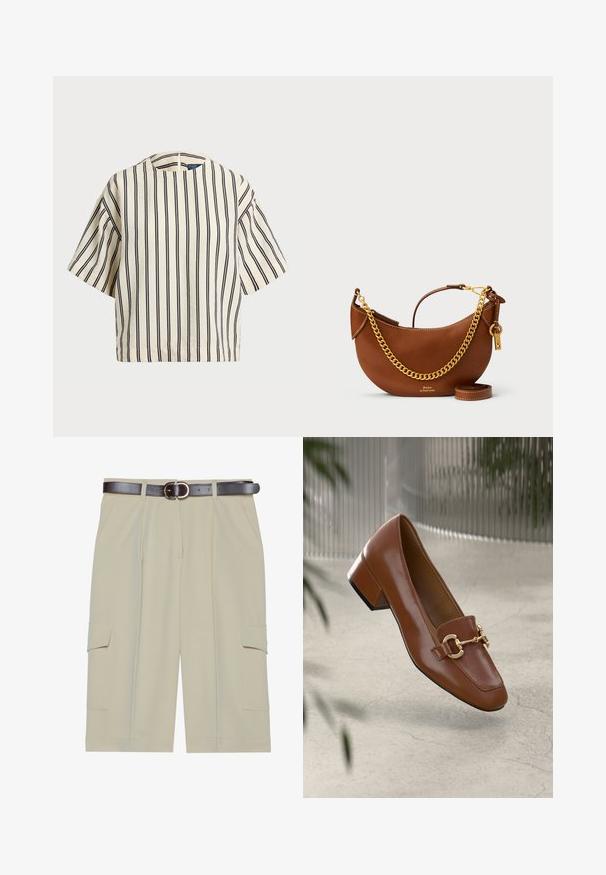 T-shirt à manches courtes, rayé crème et marine, présentant un col rond et un design boxy avec un tissu texturé.; Shorts cargo beige avec une coupe décontractée, dotés de deux poches latérales et d'une ceinture marron avec une boucle ronde, texture de tissu lisse.; Mocassin en cuir verni marron avec un bout carré, accent de chaîne métallique et petit talon carré ; texture lisse, design minimaliste.; Sac à main en cuir brun avec un design courbé, une chaîne dorée, une poche intérieure et une bandoulière amovible. Présente des coutures contrastantes.