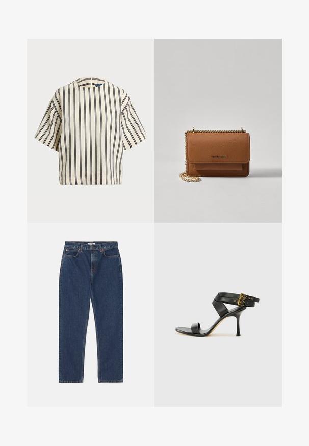 Kreminės ir tamsiai mėlynos juostelės trumpų rankovių marškinėliai, turi apvalų iškirpimą ir dėžutės tipo dizainą, pagaminti iš tekstūruotos medžiagos.; RE/DONE LOOSE LONG - Tiesaus kirpimo džinsai - dark blue denim; Juodi kulniškų sandalai su kryžminėmis juostelėmis ir reguliuojamu sagtimi. Ypatybė – lygus paviršius ir siauras smailas kulnas.; Ruda tekstūruota odinė per petį nešama rankinė su auksiniu grandininiu dirželiu ir užlenkiamo užsegimo. Priekinėje pusėje yra logotipo detalė ir kišenė po užlenkimu.