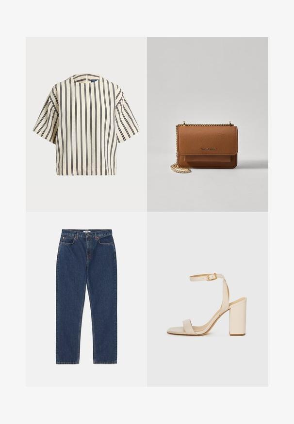 Cămașă cu mâneci scurte, cu dungi în nuanțe de crem și bleumarin, având un decolteu rotund și un design dreptunghiular dintr-un material texturat.; RE/DONE LOOSE LONG - Blugi drepți - dark blue denim; Sandalie bej cu toc înalt, cu vârf pătrat, curea subțire în jurul gleznei și toc bloc. Textură de piele netedă cu detalii din cataramă aurie.; Geantă crossbody din piele texturată maro, cu curea din lanț aurit și închidere cu clapetă. Partea din față prezintă detalii cu logo și o buzunar sub clapetă.