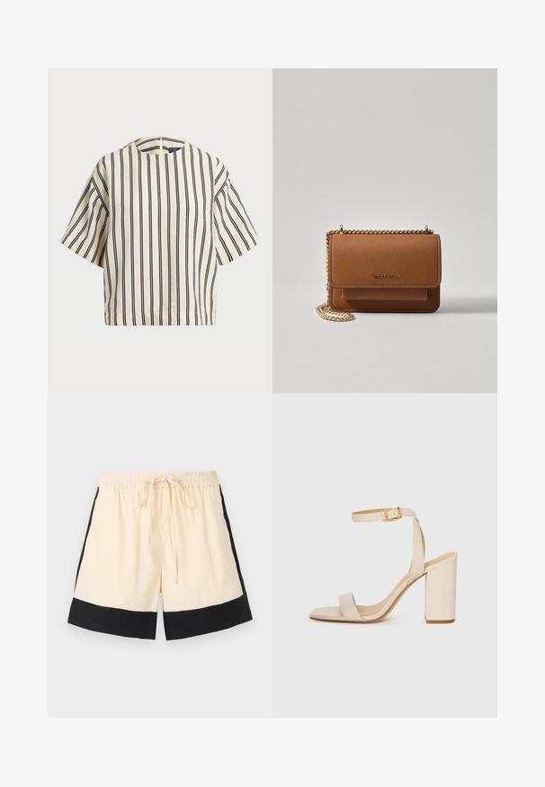 Kurzärmliges, gestreiftes Oberteil in Creme und Marineblau, mit rundem Halsausschnitt und kastiger Form aus strukturiertem Stoff.; Cremefarbene Shorts mit schwarzem Saum, elastischem Bund und vorderem Kordelzug. Die Seiten sind mit schwarzen Akzenten versehen, die ein sportliches Design zeigen.; Beige High Heel Sandale mit quadratischer Zehenform, dünnem Knöchelriemen und Blockabsatz. Glatte Lederstruktur mit goldener Schnallendetail.; Braune strukturierte Ledertasche mit goldener Kettenriemen und Klappenverschluss. Die Vorderseite zeigt ein Logo-Detail und eine Tasche unter der Klappe.