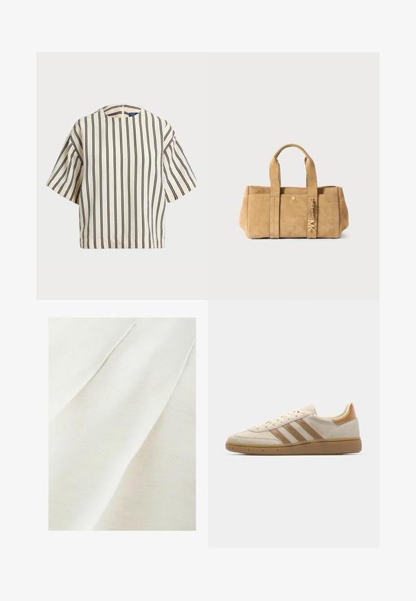 Kratek rokav, prugast top v kremni in mornarsko modri barvi, z okroglim izrezom in kvadratnim dizajnom ter teksturirano tkanino.; Tekstilna tkanina v off-white barvi z rahlo teksturiranim tkanjem, ki vključuje nežne gube in blage pike. Gladek, mehak zaključek.; Bež semiš športni čevlji s svetlo rjavimi poudarki. Ima tri rjave črte, teksturiran gumijast podplat in zaobljen dizajn prstov.; Torbica iz tan antilopa z dvema zgornjima ročajema, ki ima sprednjo žep, zlate detajle in mehak, teksturiran zaključek.