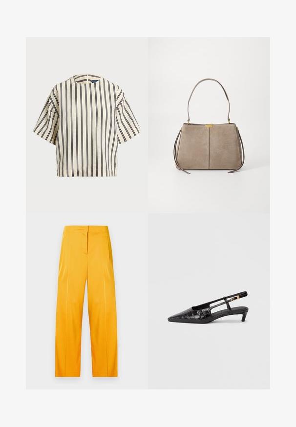 Lyhythihainen, raidallinen paita kirkas- ja tummansinisen sävyissä, jossa on pyöreä pääntie ja laatikkomainen muotoilu tekstuuritetussa kankaassa.; Kirkkaita keltaisia leveitä housuja, jotka on valmistettu sileästä kankaasta. Housuissa on yksinkertainen muotoilu, jossa on etupinnan laskokset ja tasainen vyötärö.; Musta nahkainen kärjellään terävä slingback-kengä, jossa on krokotiilinnahkatekstuuri, pieni pinottu korko ja säädettävä hihna metallisoljella.; Tommy Hilfiger CASUAL SHOULDER BAG - Käsilaukku - coastal taupe
