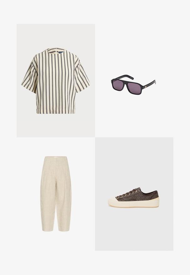 Krótki rękaw, paskowana bluzka w kolorze kremowym i granatowym, z okrągłym dekoltem i pudełkowym krojem, wykonana z fakturowanej tkaniny.; Beżowe lniane spodnie o luźnym kroju, z plisami w pasie, skróconą długością i fakturowanym, tkanym materiałem.; Brązowe trampki z wzorem na płótnie, złote oczka, sznurowanie oraz biała gumowa osłona palców i podeszwa. Charakteryzujące się teksturowanym wykończeniem.; Czarne okulary przeciwsłoneczne z kwadratową oprawką, ciemnymi soczewkami i złotym logo na zauszniku. Gładki plastikowy materiał z matowym wykończeniem.