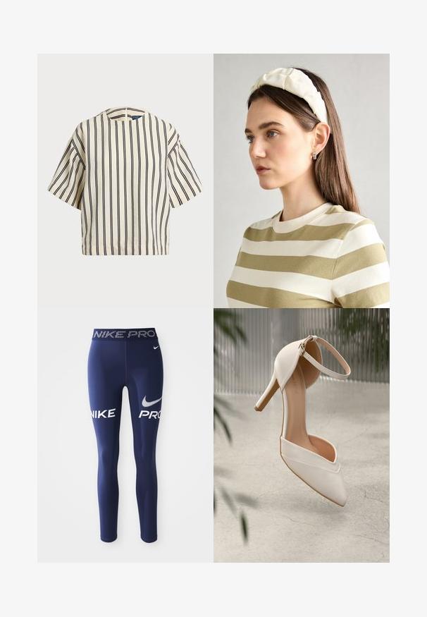Krátký rukáv, pruhované tričko ve krémové a námořnické barvě, s kulatým výstřihem a širokým střihem z texturovaného materiálu.; Tmavě modré sportovní legíny vyrobené z pružného materiálu, s bold bílým nápisem "NIKE" a "PRO" na bocích a vzorovaným pasem.; Bílé lodičky na vysokém podpatku z hladkého materiálu s špičatou špičkou a popruhem kolem kotníku. Vyznačují se světle hnědým interiérem a akcenty zlatého barevného kovu.; Krémová polstrovaná čelenka s twist designem, doplněná béžovým a bílým pruhovaným tričkem s kulatým výstřihem. Jemné šperky.