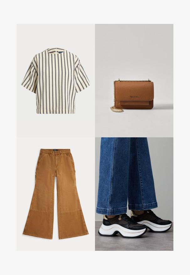 T-skjorte med korte ermer, stripet i kremfarge og marineblå, med rund hals og en boxy design i en strukturert stoff.; Brune vide bukser i bomull med lappdetaljer, knappelukking og skrå lommer foran. Jevn tekstur, avslappet design.; Svarte og gullfargede sneakers med buet hvit såle. Strukturert stoff med logodetaljer. Kombinert med vide blå denimbukser.; Brun teksturert lær crossover-veske med gullkjede-stropp og klaffelukking. Fronten har logo-detalj og en lomme under klaffen.