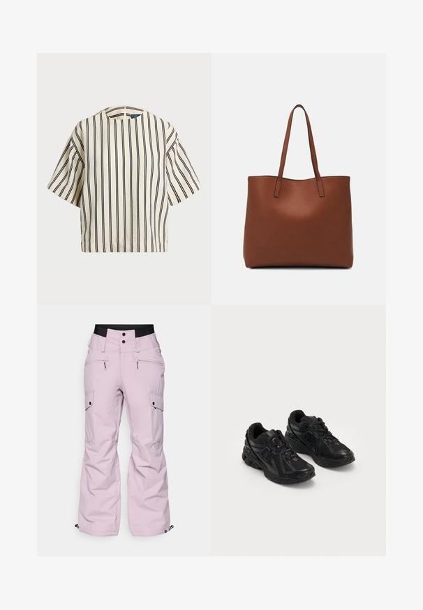 T-skjorte med korte ermer, stripet i kremfarge og marineblå, med rund hals og en boxy design i en strukturert stoff.; Rosa snøbukser med avslappet passform, som har flere lommer, bredt liv, glidelåsdetaljer og elastiske mansjetter ved ankler.; Sorte joggesko laget av mesh og syntetiske materialer. Har en dempet såle, teksturerte mønstre og preget merkevare på siden.; Brun lær tote veske med en jevn tekstur, åpen toppdesign og to skulderstropper. Har minimal søm og ingen synlige spiker.