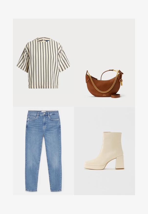 Kreminės ir tamsiai mėlynos juostelės trumpų rankovių marškinėliai, turi apvalų iškirpimą ir dėžutės tipo dizainą, pagaminti iš tekstūruotos medžiagos.; Šviesiai mėlyni džinsai su prigludusia forma, penkiomis kišenėmis, priekiniais mygtukais ir matomu siuvimu palei siūles.; Smėlio spalvos odiniai aulinukai su blokuotu kulnu ir platforma, lygiu paviršiumi ir šiek tiek kvadratiniu nosiu, pasukti kairėn ant balto fono.; Ruda odinė rankinė su kreiviu dizainu, auksinės grandinėlės dirželiu, vidiniu kišeniu ir nuimamu peties dirželiu. Yra kontrastingų siūlių.