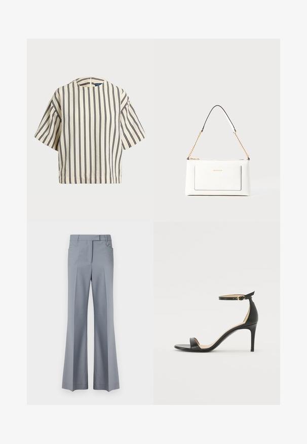 Kratek rokav, prugast top v kremni in mornarsko modri barvi, z okroglim izrezom in kvadratnim dizajnom ter teksturirano tkanino.; Široke svetlo sive hlače s krojem po meri, vključujejo pas, dva stranska žepa in zaveliko pregibne detajle spredaj.; Črne usnjene sandale s peto, ki imajo priponko za gleženj. Imajo gladko teksturo, odprt prst in tanek peto. Podrobnost z zlatim sponko.; Bela usnjena torbica z teksturirano površino, ki vključuje zlat pas in črne detajle. Ima sprednji žep in zadrgo.