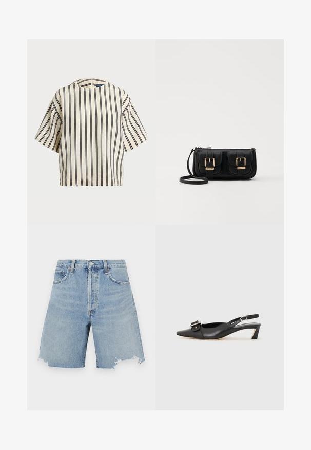 Rövid ujjú, csíkos felső krém és tengerészkék színben, kerek nyakkivágással és dobozos fazonnal, texturált anyagból.; Világoskék farmer rövidnadrág magas derekkal, lekopott szegéllyel, két elülső zsebbel és klasszikus ötpocket kialakítással.; Fekete bőr szandál kis sarkú, hegyes orral, díszes csattal a felsőrészen. Simább textúra, minimalista design.; Fekete bőr keresztbody táska két elülső zsebbel, arany csattokkal, cipzáras záródással és vékony pánttal. Textúrált felület és kompakt téglalap alak.