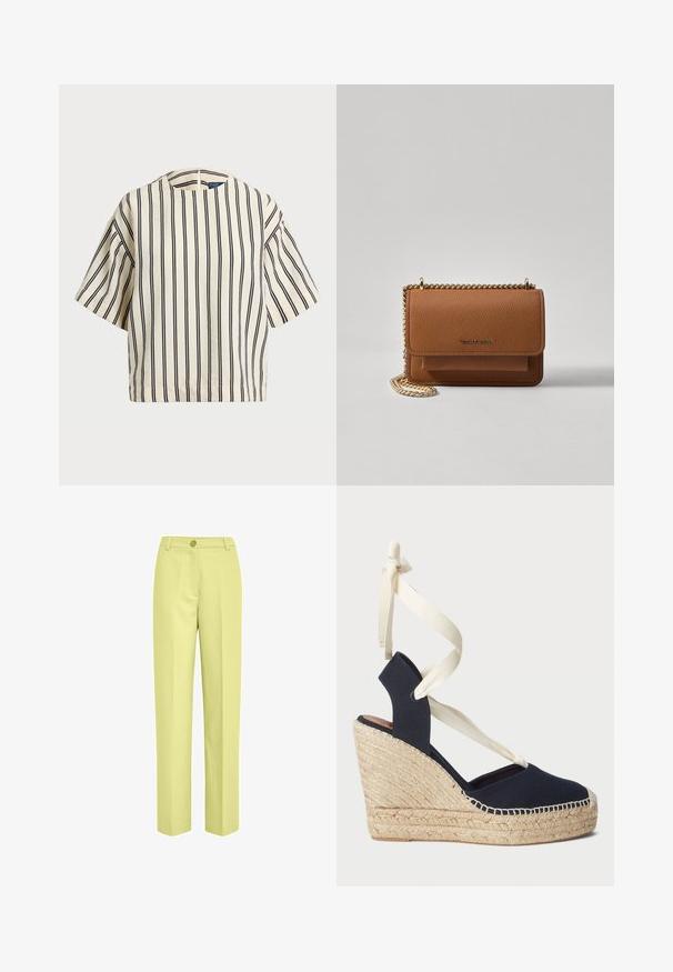 Kreklus, svītrainā blūze ar īsām piedurknēm, krēmkrāsā un tumši zilā tonī, ar apaļu apkakli un kvadrātveida dizainu, izgatavota no teksturētas auduma.; Gai dzelteni platā kāju bikses, izgatavotas no gludas auduma, ar vienas pogas aizdari un plakanu priekšpusi.; Jūras spēku zili kanvas iešļūcenes ar espadrille virvi apakšā un krēmkrāsas lentes sasaitēm pie potītes. Slēgta papēža un apaļā pirksta dizains.; Brūna teksturēta ādas plecu soma ar zelta ķēdes siksnu un atloka aizdari. Priekšpusē ir logotipa detaļa un kabata zem atloka.