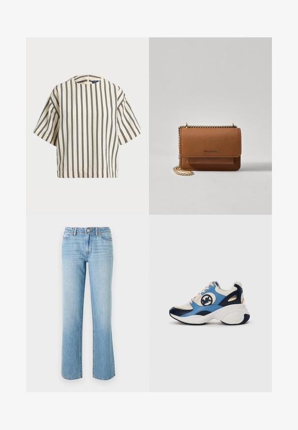 Top de manga curta, riscado em creme e azul marinho, com decote redondo e design boxy em tecido texturizado.; RE/DONE THE SANASA - Calças de ganga de corte relaxado - media noche; Sapatilhas de camurça brancas, azuis-marinho e azuis claras com sola chunky e logótipo bordado circular ao lado.; Bolsa crossbody de couro texturizado castanho com alça de corrente dourada e fecho com aba. A parte da frente apresenta detalhe do logótipo e um bolso sob a aba.