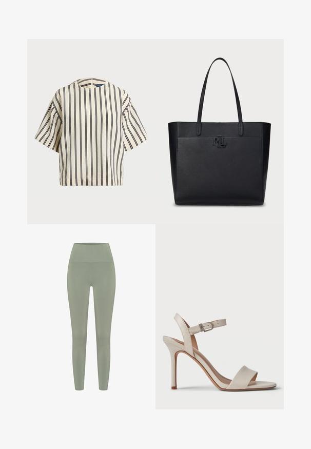 Krátký rukáv, pruhované tričko ve krémové a námořnické barvě, s kulatým výstřihem a širokým střihem z texturovaného materiálu.; Legíny s vysokým pasem v světle zelené barvě. Hladká textura s přiléhavým designem, která se zužuje u kotníku. Žádné viditelné vzory nebo kovové prvky.; Beige sandál na vysokém podpatku s hladkým koženým povrchem, otevřenou špičkou, širokým předním popruhem a nastavitelným kotníkovým popruhem s kovovou sponou.; Černá kožená taška přes rameno s texturovaným povrchem, dvojitými ušima a vyraženým logem "RL" na přední straně. Obdélníkový tvar, minimalistický design.