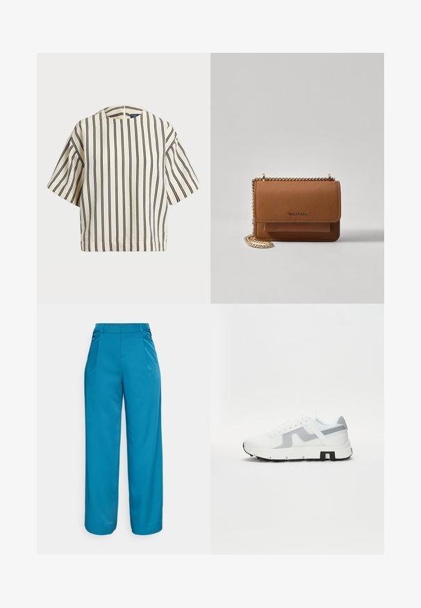 Kreemjas ja tumesinises triibuline lühikeste varrukatega top, millel on ümmargune kaelus ja kastmine disain, valmistatud tekstuurses kangas.; Laiad säärised erksarosast, valmistatud siledast kangast. Omavad esipleate, keskmise kõrgusega vöökohaga ja nähtamatuid taskuid.; Valge sportlik tennisekenk hallide aktsentidega, tekstureeritud ülemine osa, paks tallaosa ja kontrastne must kanddetail. Paeltega disain koos microfiiberpaneelidega.; Pruun tekstureeritud nahk ristkeha kott kuldse ahelaga rihmaga ja klapiga sulgemine. Esiküljel on logo detail ja tasku klapi all.