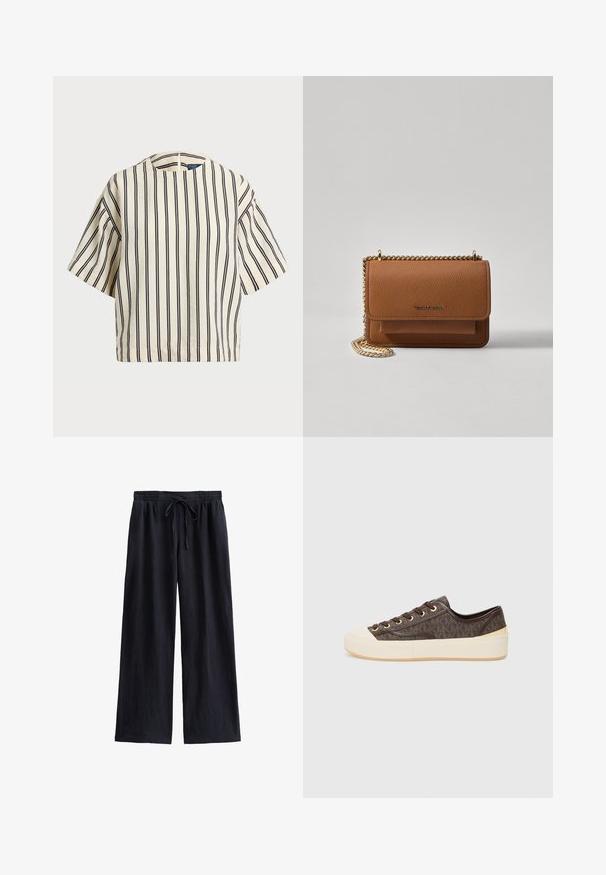 Kortärmad randig topp i krämfärgad och marinblå, med rund halsringning och fyrkantig design i en texturerad tyg.; Marina vida byxor i vida ben gjorda av ett strukturerat tyg, med ett elastiskt midjeband och dragsko för justerbar passform.; Bruna mönstrade kanvas sneakers med guldöglor, snörning och en vit gummitåhette och sula. Med en texturerad finish.; Brun texturerad läder crossbody-väska med guldkedja och klaffstängning. Framsidan har logotypdetalj och en ficka under klaffen.