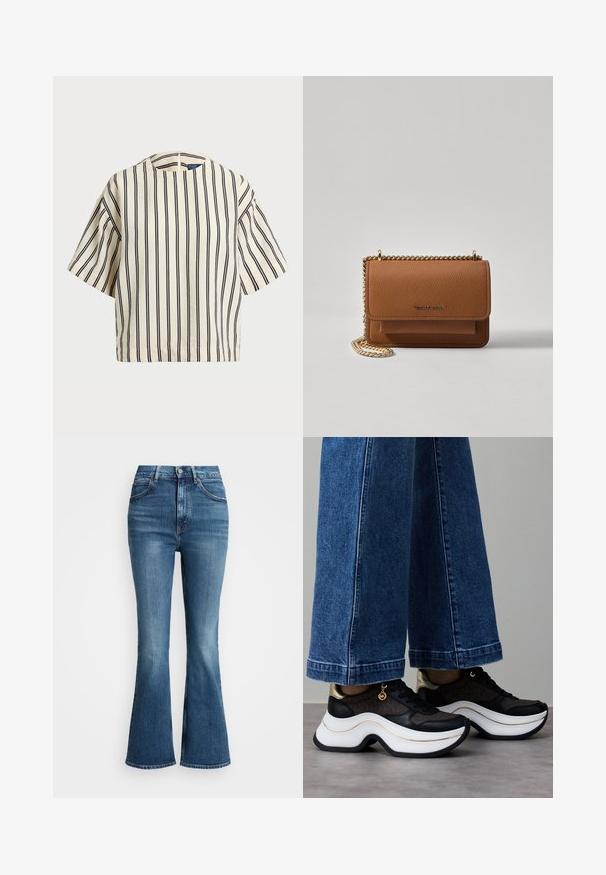 T-skjorte med korte ermer, stripet i kremfarge og marineblå, med rund hals og en boxy design i en strukturert stoff.; Høytlivede flared jeans i middels blå denim, med klassisk fem-lommers design og kontraststing. Kantene er rå.; Svarte og gullfargede sneakers med buet hvit såle. Strukturert stoff med logodetaljer. Kombinert med vide blå denimbukser.; Brun teksturert lær crossover-veske med gullkjede-stropp og klaffelukking. Fronten har logo-detalj og en lomme under klaffen.
