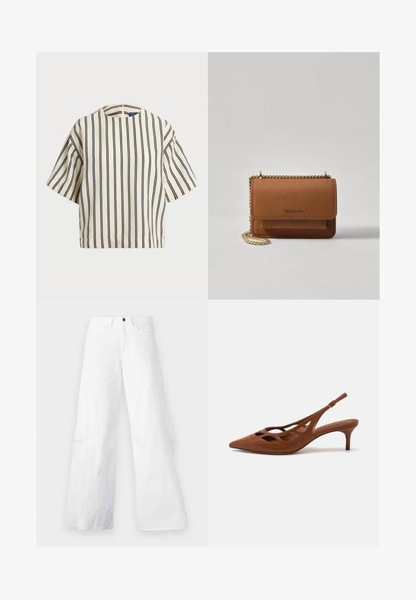 Kreklus, svītrainā blūze ar īsām piedurknēm, krēmkrāsā un tumši zilā tonī, ar apaļu apkakli un kvadrātveida dizainu, izgatavota no teksturētas auduma.; Baltas platmalu džinsu bikses ar piecu kabatu dizainu. Iezīmes melna pogas un rāvējslēdzēja aizdare. Gluda tekstūra, taisna silueta.; Brūnas ādas sandalēm ar atvērto papēdi, ar norādītu pirkstu, izgrieztu dizainu un izšuvuma detaļām. Tam ir tievs papēdis un regulējama josta.; Brūna teksturēta ādas plecu soma ar zelta ķēdes siksnu un atloka aizdari. Priekšpusē ir logotipa detaļa un kabata zem atloka.